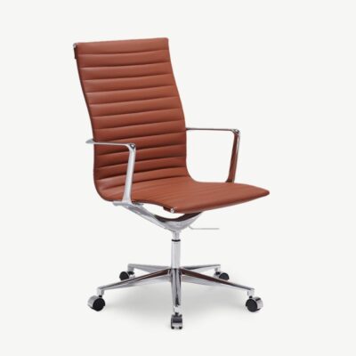 Konjakipruunist nahast Akira kõrge seljatoega kontoritool kroomitud metallraamiga. Elegantne ja ergonoomiline disain, reguleeritava kõrgusega iste ning 360-kraadine pöörlemine. Sobib nii kodukontorisse kui ka ärikeskkonda.