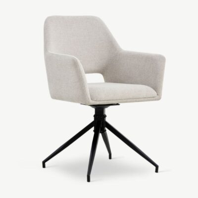 Beež linase kangaga Aline pöörlev söögitool musta metallraamiga. Elegantne ja mugav disain käetugede ning 180° pöörleva mehhanismiga.