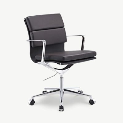 Tumepruun nahast madala seljatoega Bern kontoritool kroomitud metallraami ja polsterdatud istmega, kaasaegse ja ergonoomilise disainiga.