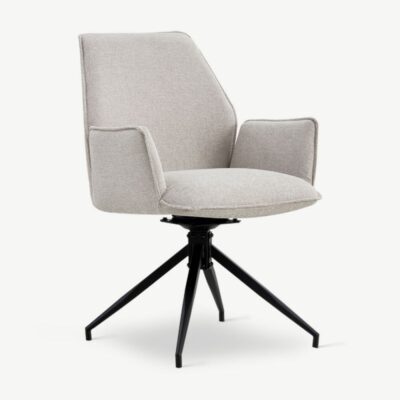 Beežist linakangast Davi pöörlev söögitool metallist jalgade ja mugavate käetugedega, elegantne ning sobilik nii modernsesse kui ka klassikalisse interjööri.