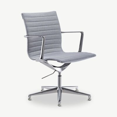 Helehall Mateo konverentsitool madala seljatoega, kangaskatte ja kroomitud jalgadega. Ergonoomiline disain, reguleeritav kõrgus ja 360° pöörlemisvõimalus tagavad mugavuse ja elegantse välimuse.