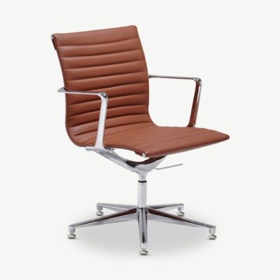 Konjakipruun Mateo konverentsitool madala seljatoega, kroomitud metallraami ja ribidega polsterdusega. Elegantne ja ergonoomiline tool koosolekuruumi või kodukontorisse.
