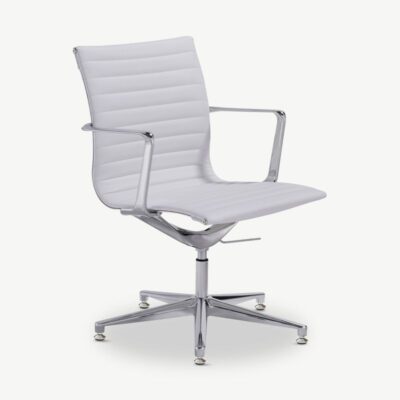 Valge Mateo konverentsitool kunstnahast polsterduse ja kroomitud metalljalgadega. Madal seljatugi ja ribbedetailid tagavad mugavuse, reguleeritav kõrgus lisab ergonoomilisust. Elegantne ja stiilne kontoritool.