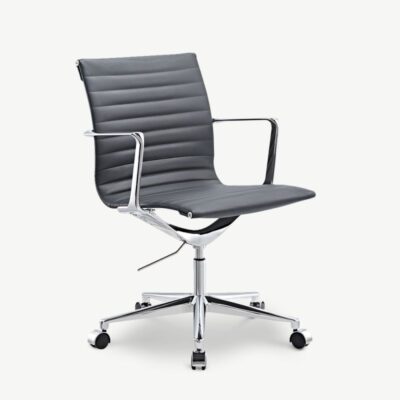 Hall Walton hall nahast bürootool madala seljatoega, kroomitud metallraami ja ribimustriga polsterdusega. Stiilne ja ergonoomiline disain, sobilik kontorisse ja kodutööks.