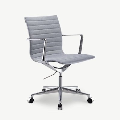 Helehall Walton kontoritool madala seljatoega, ribistatud kangaskatte ja kroomitud metallraamiga. Stiilne ja ergonoomiline tool, sobilik nii kodukontorisse kui ka töökeskkonda.