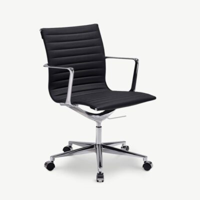 Must madala seljatoega Walton kontoritool PU-nahast polstriga, kroomitud raam ja reguleeritav kõrgus. Elegantne ja ergonoomiline disain kaasaegsele töökeskkonnale.