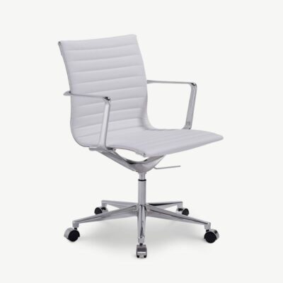 Walton ribidega kontoritool, valge PU-nahk – stiilne ja ergonoomiline tool kroomitud metallraami, reguleeritava kõrguse ja 360° pöörlemisfunktsiooniga.