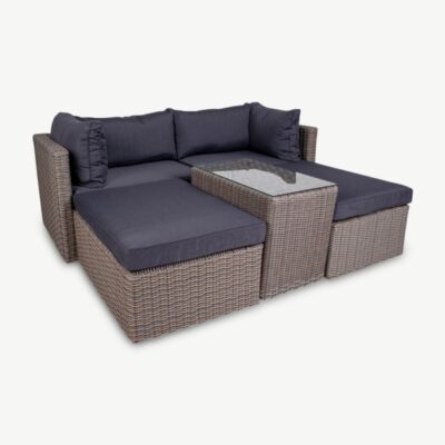 Hall Kyto aiadiivanvoodi lounge-komplekt polürotangist, koos mugavate istmepatjadega. Modulaarne ja ilmastikukindel aiamööbel õue või terrassile.