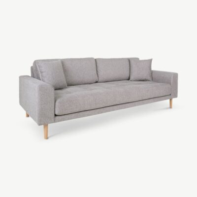 Heledahall Lalita 3-kohaline diivan naturaalsetest pöögipuidust jalgadega, kaks dekoratiivpatja ja modernne minimalistlik disain.