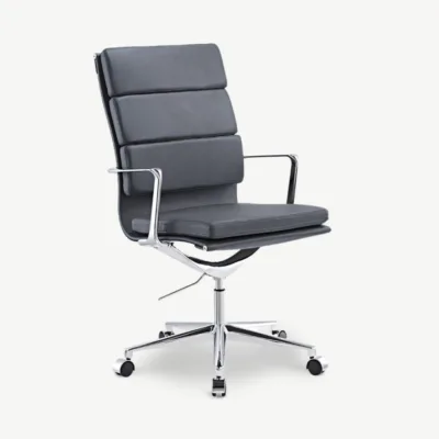 Kõrge seljatoega hall nahkkontoritool Maci, elegantse disainiga ja kroomitud metallraamiga. Ergonoomiline, reguleeritava kõrguse ja 360° pöörlemisvõimalusega.