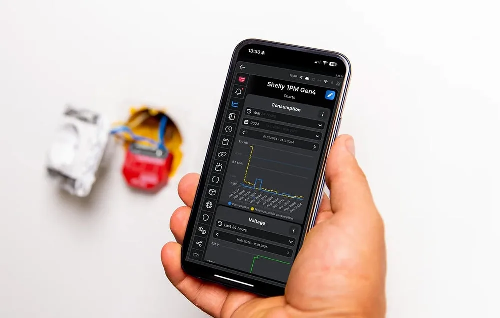 Shelly 1PM Gen4 voolulüliti elektrikarbis juhtmetega ühendatud