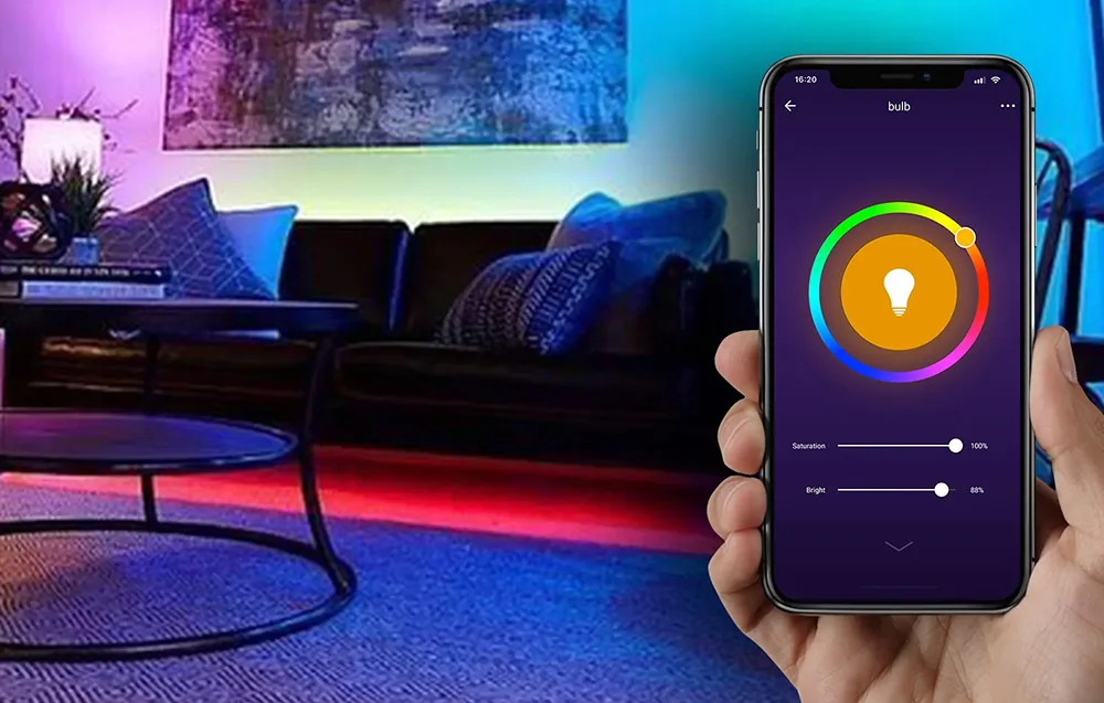 RGB LED pirn kiirgab värvilist valgust interjööris