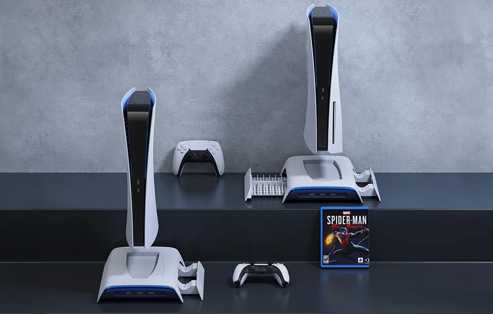 PS5 laadimisjaam valge Kiwi Home PB01 jahutusjaam ja kahe kontrolleriga
