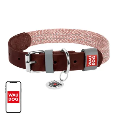 Nahast koerakaelarihm QR-koodiga WAUDOG M (20 mm, pruun, taaskasutuspuuvillaga)
