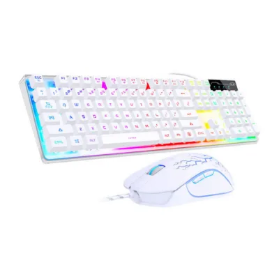 Valge mängurikomplekt MageGee K1 + G6S, juhtmega, mehaaniline klaviatuur ja RGB-valgustusega hiir