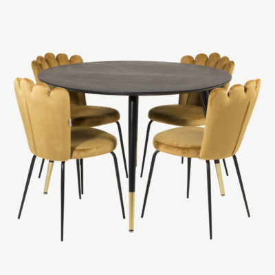 Ümmargune söögilauakomplekt Dipp Limhamni velvettoolidega (must/kuldkollane, Ø115 cm), GR19238