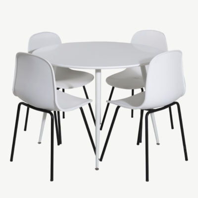Ümmargune söögilauakomplekt Plaza (valge MDF) ja Arctic toolid (valge plastik, mustad terasjalad) – 4-kohaline komplekt, GR19560