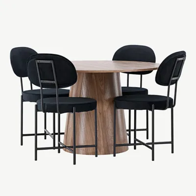 Ümmargune söögilauakomplekt Lanzo (MDF, ø120 cm) ja mustad samettoolid Stella, GR23565