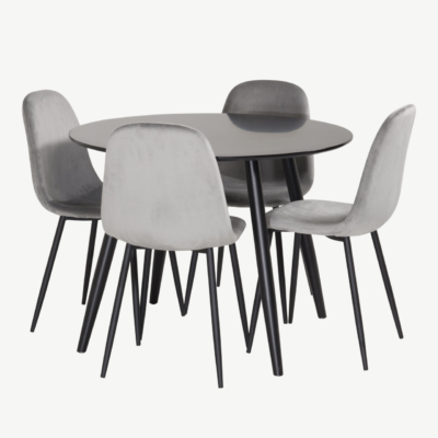 Ümar söögilaud Plaza (must, ø100cm) ja Polar samettoolid (helehall, mustad jalad) - GR24137