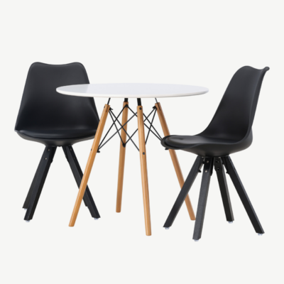 Ümmargune söögilauakomplekt Danburi (valge MDF, Ø60cm) ja 2 musta Zeno tooli, GR23906