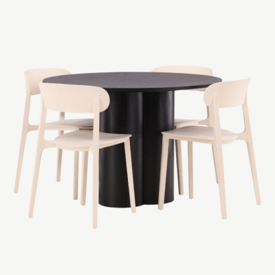 Ümmargune söögilaud Olivia (must MDF, ø110cm) ja beežid toolid Åstol, GR23113