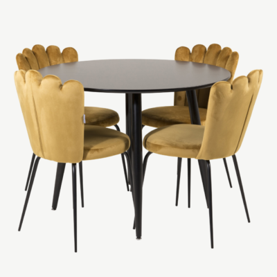 Ümmargune söögilaud Plaza ja kollased sametist Limhamn toolid (4 tk), must MDF ja metall, GR24133
