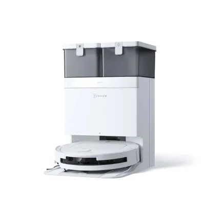 valge robot tolmuimeja dokiga Ecovacs DEEBOT T50 PRO OMNI eestvaates