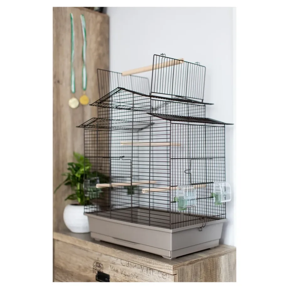INTER-ZOO Iza 3 Japandi 58,5 × 38 × 65 cm must/beez metallist linnupuur, 11 mm vahedega, 2 jooginõuga