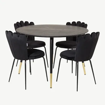 Ümmargune must söögikomplekt Dipp laua ja Limhamni velvettoolidega (115 cm, kuldsed detailid), GR19213