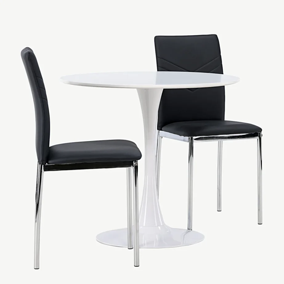 Ümmargune valge söögikomplekt Hamden 80 cm lauaga ja musta kunstnahaga Lily toolidega, GR23916