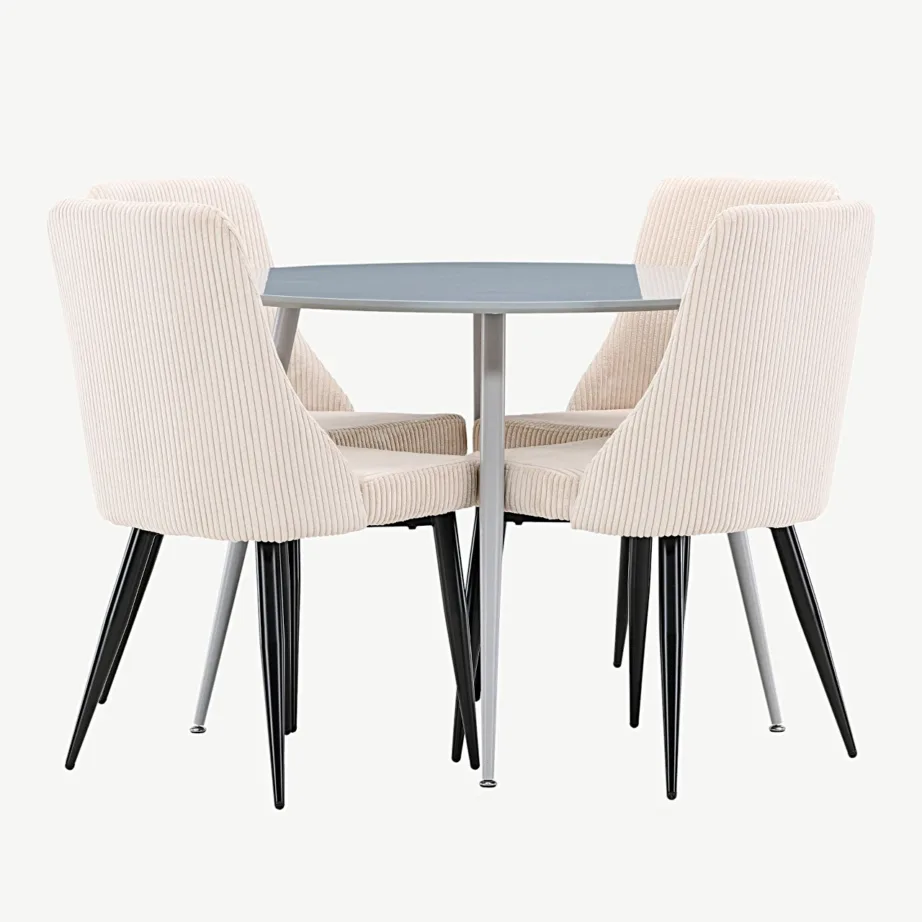 Ümmargune söögilauakomplekt Plaza halli laua ja beežide Leone corduroy-toolidega (4 tk, MDF, metalljalad), GR24372