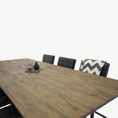 Padangi tiigipuust tööstuslik söögilaud ja 6 musta PU tooli (250×100 cm), GR578