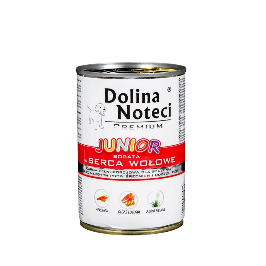 Dolina Noteci Premium Junior Rich in Beef Hearts – märg koeratoit kutsikatele, 400 g (konserv, gluteenivaba)