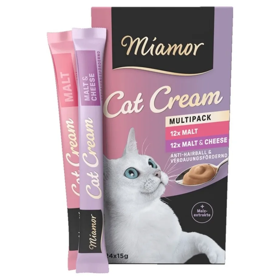 Miamor Cat Cream Malt 24 x 15 g sojavaba, gluteenivaba pastamaitsega täiskasvanud kassidele karvapallide eemaldamiseks