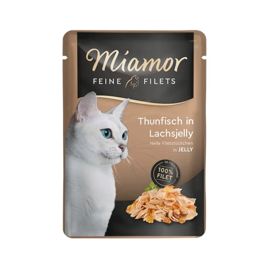 Miamor Feine Filets 100 g lõhe ja tuunikalaga täiskasvanud kassidele, madala rasvasisaldusega märgtoit toiduallergiaga kassidele