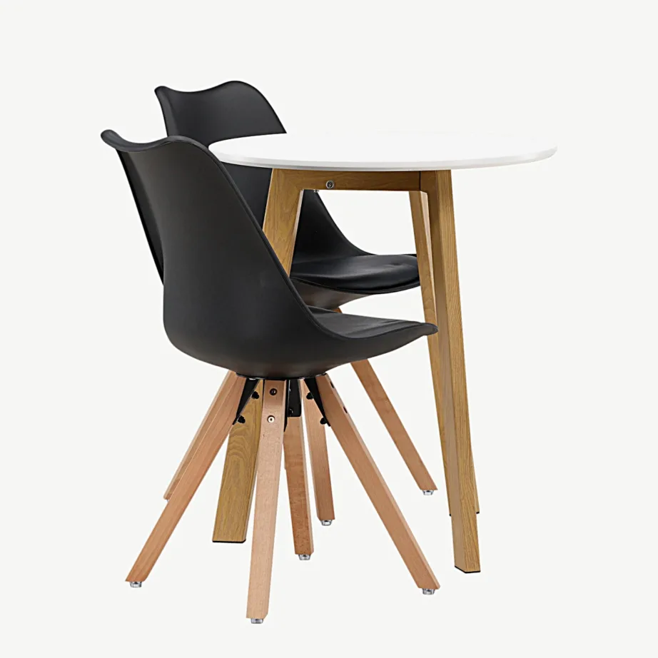 Ümmargune valge söögilaud Leonora toolidega Zeno (valge MDF, tamme imitatsioon, must polüpropüleen, puitjalad), GR23500 – 2