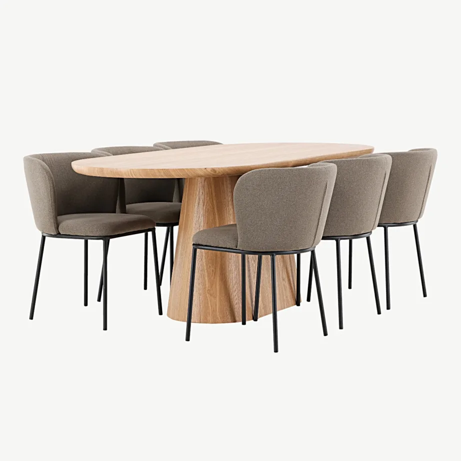 Ovaalne söögilauakomplekt Stjärnö (MDF, 200 × 90 cm) ja pruunid polsterdatud söögitoolid Edina (6 tk), GR24714