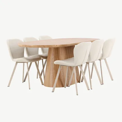 Söögilauakomplekt Stjärnö loodusliku MDF-lauaga ja 6 beeži Lilja tooli (200 × 90 cm) - GR24718